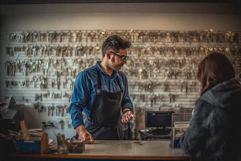 Un empleado de Mister Minit atendiendo a un cliente en su mostrador, con la pared del fondo llena de diferentes modelos de llaves.