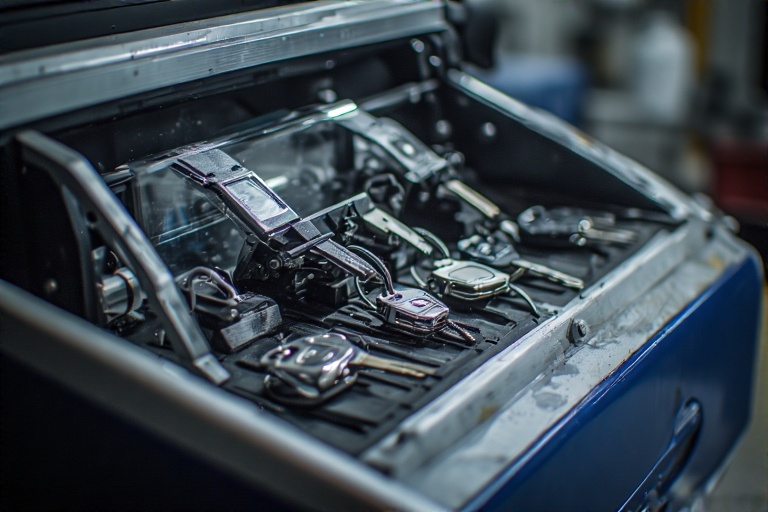 Primer plano de una máquina duplicadora de llaves de coche, mostrando la tecnología que utilizan.