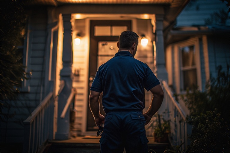 Un cerrajero profesional con uniforme corporativo mostrando su tarjeta de identificación a un cliente en la puerta de una casa por la noche.