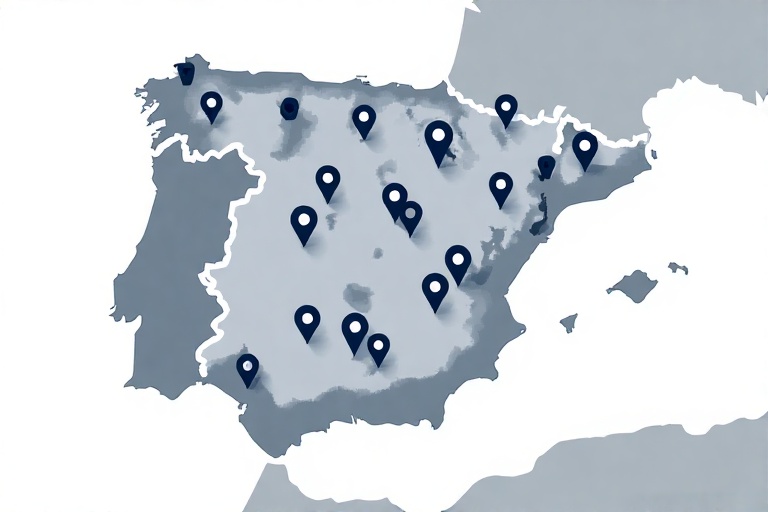Mapa de España con varios iconos de localización de cerrajeros repartidos por el territorio
