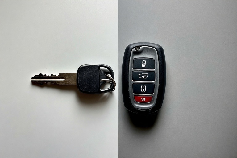 Una imagen dividida. A la izquierda, una llave de casa simple. A la derecha, una llave de coche moderna con mando. El concepto es mostrar la diferencia de especialización.
